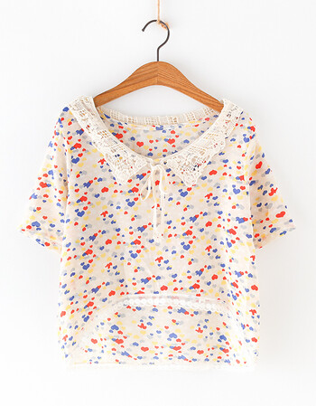 珂梵图夏装新款 日系森女百搭碎花蕾丝边钩花短袖t恤两件套 乳白色