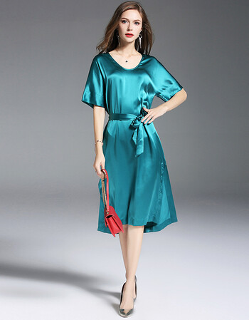 欧美高端女装圆领短袖宽松大码绸缎长裙纯色真丝连衣裙 孔雀蓝 l