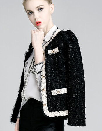 夏尔维纳春季新款女士短外套小香风经典蕾丝花边修身百搭短外套上衣