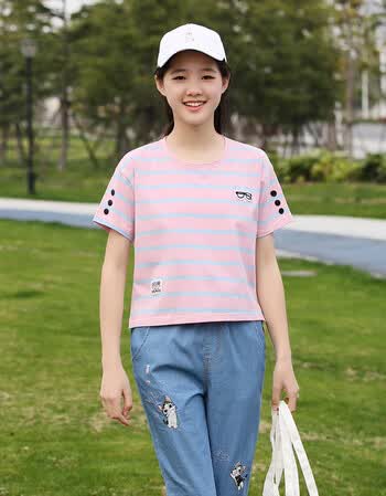 夏尔维纳少女夏装2018新款韩版宽松短袖休闲两件套夏季初中女学生运动