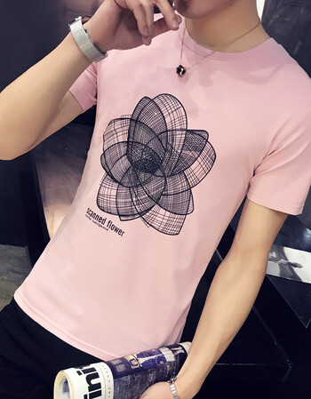 2018夏季新款男士紧身花纹短袖玫瑰花刺绣衣服青少年潮流绣花t恤 粉色