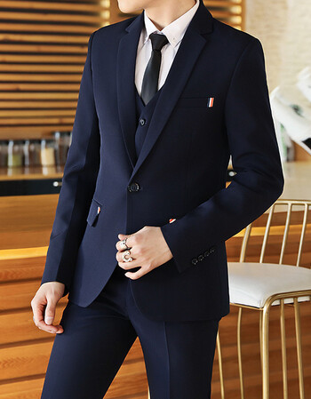 丹杰仕秋冬套装男青少年小西装修身款休闲职业装纯色西服三件套装结婚