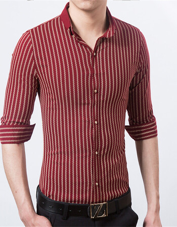 长袖衬衫2015年春秋新款男士时尚潮流韩版修身条纹长袖衬衫 酒红色