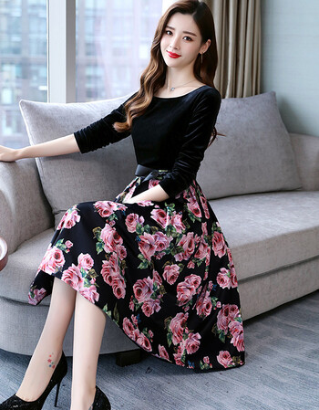 连衣裙女2018款韩版长袖金丝绒连衣裙气质显瘦有女人味的裙子 图片色