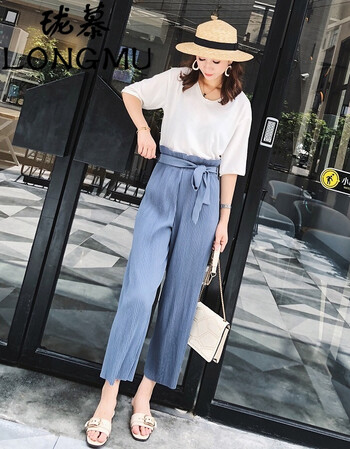 珑慕夏天垂感阔腿裤套装2018新款时尚韩版学生高腰chic复古港味两件套