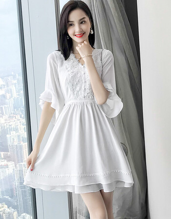 麦迪文 女装夏装新领雪纺连衣裙女夏白温柔裙超仙女仙女裙子 白色 m