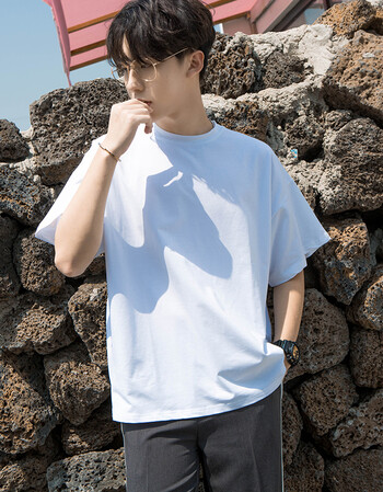 莱卡棉短袖男士t恤纯色圆领宽松打底衫运动上衣服潮男装半袖体恤 白色