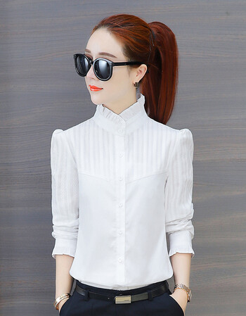 女长袖秋2018春装新款上衣职业装女大码纯棉白色衬衣工作服 6815立领