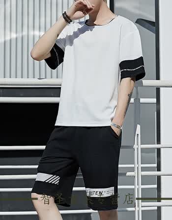 t恤套装韩版潮流修身休闲男装半袖两件套夏装衣服男 qy863黑白两件套