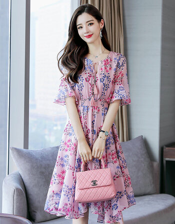 夏季连衣裙雪纺碎花新款收腰显瘦韩版气质夏天女士中长款裙子 粉花