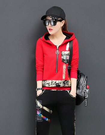 运动服套装女春秋2018新款韩版连帽休闲女装宽松大码两件套潮 红色