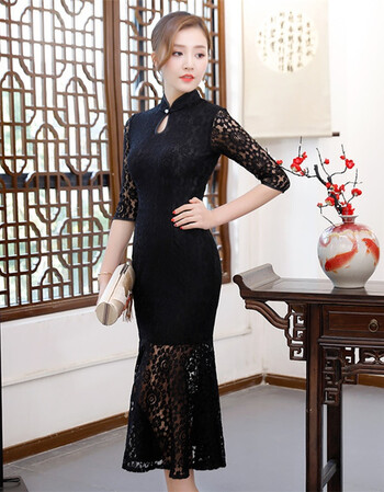 长蕾丝旗袍鱼尾裙2018夏季新款时尚改良少淑女酒会旗袍连衣裙 鱼尾黑