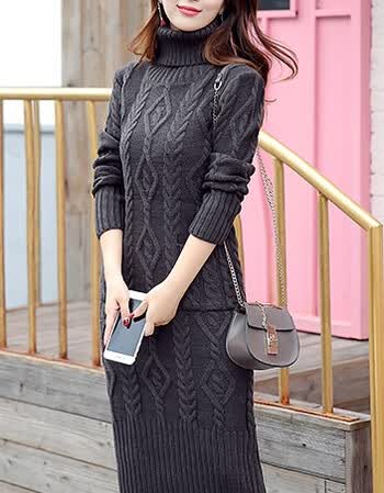 内搭秋冬新款长袖高领麻花中长款毛衣连衣裙女加厚过膝针织打底毛衫裙