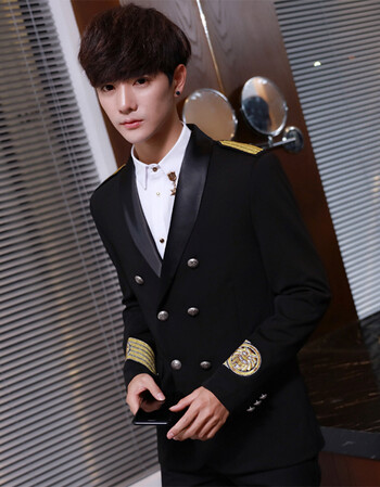 夜场男模时尚k少西装发型师服装韩版潮修身空少机长西服制服外套 黑色