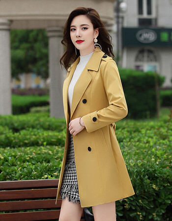 风衣女中长款韩版秋季新款女装薄款工装春秋装小个子外套 黄色 l