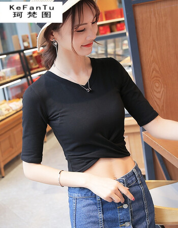 短款漏脐v领中袖t恤女夏季高腰交叉打结露肚脐衣服爵士舞露脐上衣