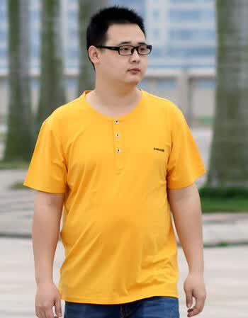 加肥加大男装t恤短袖特大号超大码胖人胖子肥佬体恤男上衣 圆钮黄 2xl