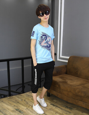 新款青少年套装男15短袖t恤10-12岁初中学生13男孩大童两件套帅气夏装