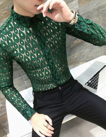 潮流时尚蕾丝镂空衬衫男长袖修身个性透视发型师夜店衬衣服装 绿色 l