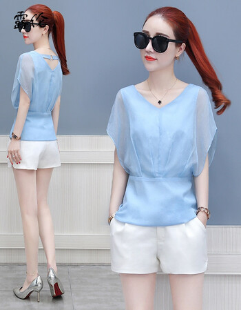 雪纺衫短袖女装2018新款夏装潮洋气上衣服女超仙甜美韩版百搭小衫 浅