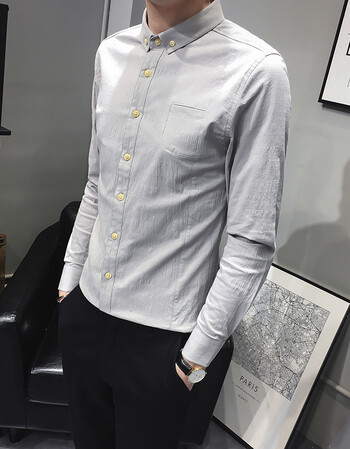 衬衫男长袖2018秋季新款青年潮流休闲个性薄款社会衬衣男装 浅灰色 xl