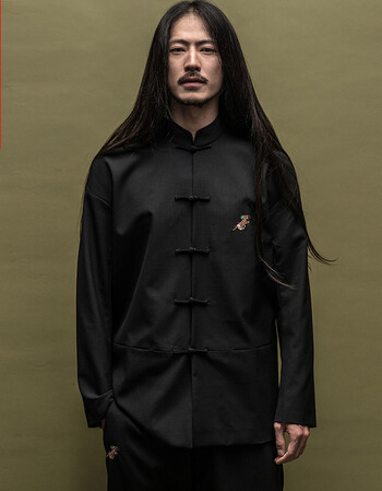 民族复古中国风锦衣男盘扣中式羊毛青年修身玉麒麟唐装秋冬 黑色 l