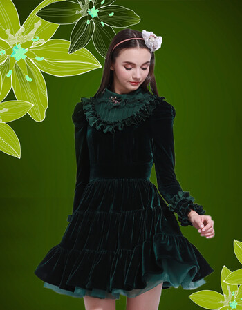 高端丝绒中长修身纯色秋连衣裙冬加厚连衣裙公主裙女装 墨绿色 xl