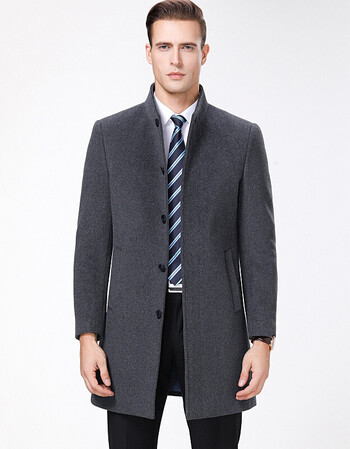 羊绒大衣男冬季中年商务羊毛呢子中长款立领毛呢大衣外套 灰色 175-50