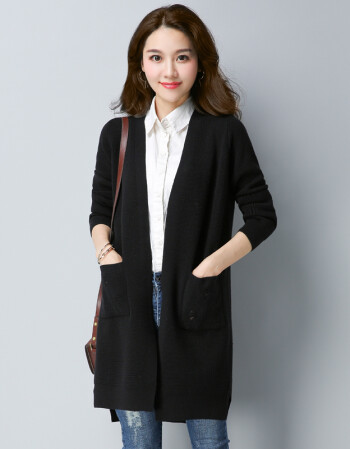 衫女中长款开衫韩版简约羊毛衫外搭毛衣修身加厚长袖外套sn5854 黑色