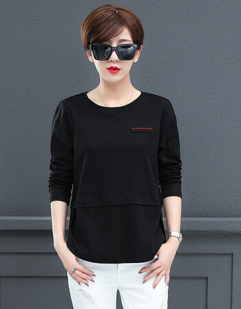 秋天衣服长袖女上衣宽松2018新款纯色大码体恤纯棉打底衫女士t恤 黑色