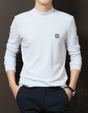 秋冬季男士中半高领长袖恤保暖打底衫纯棉体恤加绒加厚上衣秋装 白色