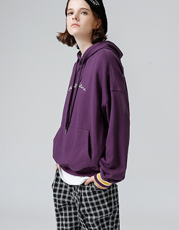 初语2018春秋新款紫色纯棉卫衣女连帽绣花宽松个性时尚套头上衣# 紫色