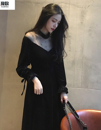 2018秋冬中长款内搭加厚丝绒连衣裙一字肩黑色性感网纱裙子女 黑色 s