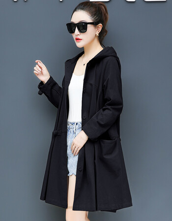 梵藜风衣女春秋季中长款宽松大码胖mm韩版长袖妈妈装盘扣连帽外套