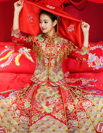 秀禾服新娘2018新款夏凤冠霞帔结婚古装嫁衣出阁服中式婚纱敬酒服