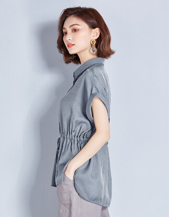 冰丝衬衫女短袖休闲上衣女装夏装2018新款韩版纯色衣服收腰衬衣 浅蓝