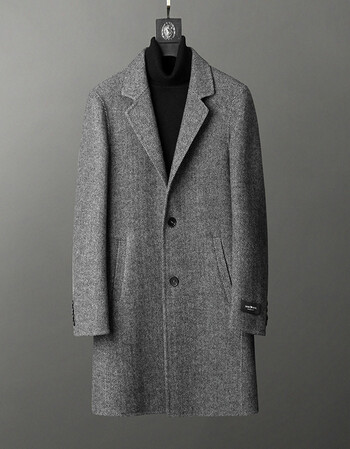 呢大衣男秋冬新款双面尼韩版修身人字纹简约风衣羊毛中长款外套 灰色