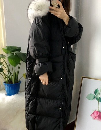 羽绒服女2019新款大毛领白鸭绒加厚宽松过膝长款大码时尚女装 黑色 白