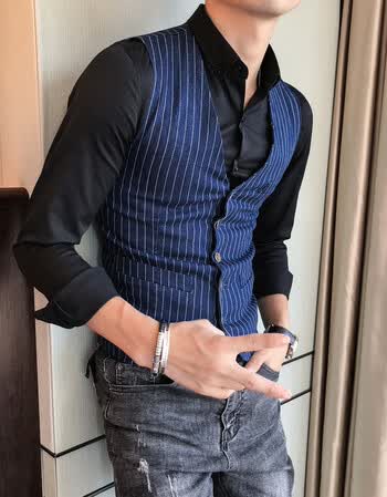 韩版男士修身单排扣西装马甲男商务休闲背心礼服夜场工作工装 深蓝色