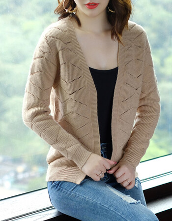 2018秋冬新款韩版女装短款百搭纯色开衫毛衣女简约宽松镂空针织衫