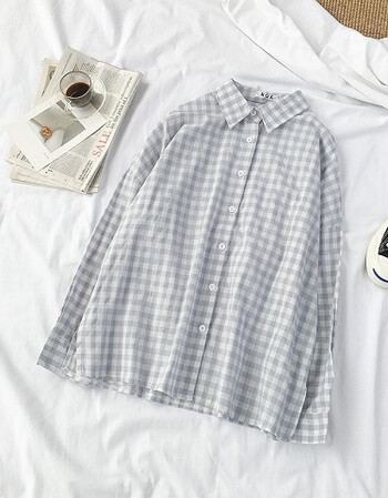 秋装2018新款女装韩版浅色格子衬衫秋款学生衬衣韩范上衣打底衫潮