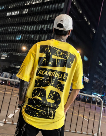 街头泼墨字母半袖男女前短后长宽松短袖t恤衫 黄色 7015 xl