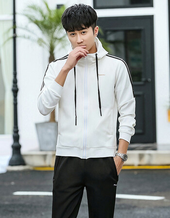 跑步服装男士运动服开衫青年学生小伙男神时尚休闲个性帅气套装 白色