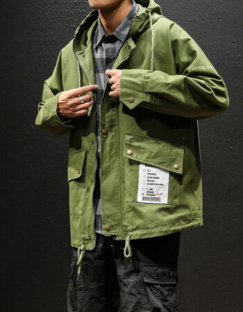 新款男士工装夹克宽松青年连帽贴布抽绳个性纯色风衣外套潮流 军绿色