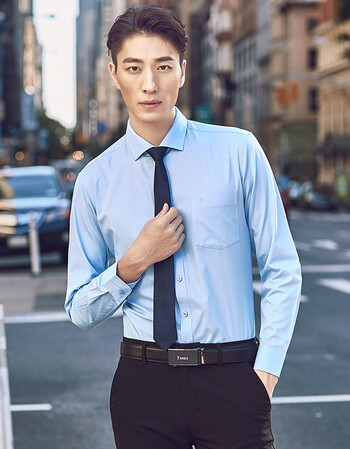2018秋季新款纯色商务正装男士修身薄款上衣男青年职业衬衣男 浅蓝色