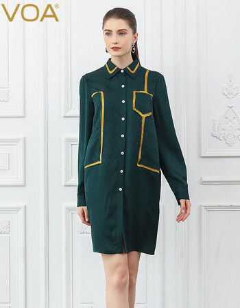voa孔雀绿真丝衬衫不对称口袋秋装新款直筒中长款女式上衣b835 孔雀绿