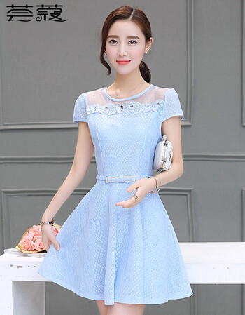 荟蔻蕾丝连衣裙2016夏新款韩版气质修身镂空a字裙hk16210 天蓝色 m
