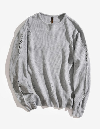 冬欧美街头oversize宽松纯色破洞圆领套头毛衣潮男线衣针织衫 浅灰色