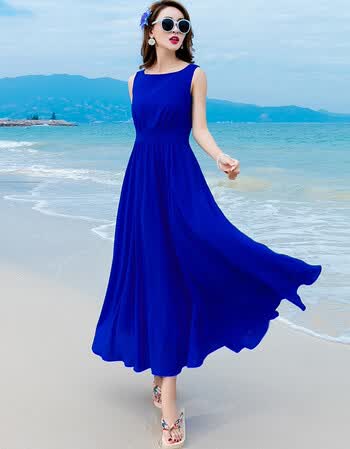 长款海沙滩度假一字领大摆雪纺连衣裙女夏秋拖地 宝蓝色 s