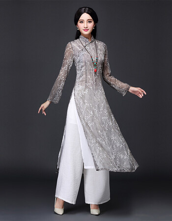 风修身奥黛越南旗袍飘逸显瘦连衣裙透气裙越南奥黛裙 灰色长袖单件 l